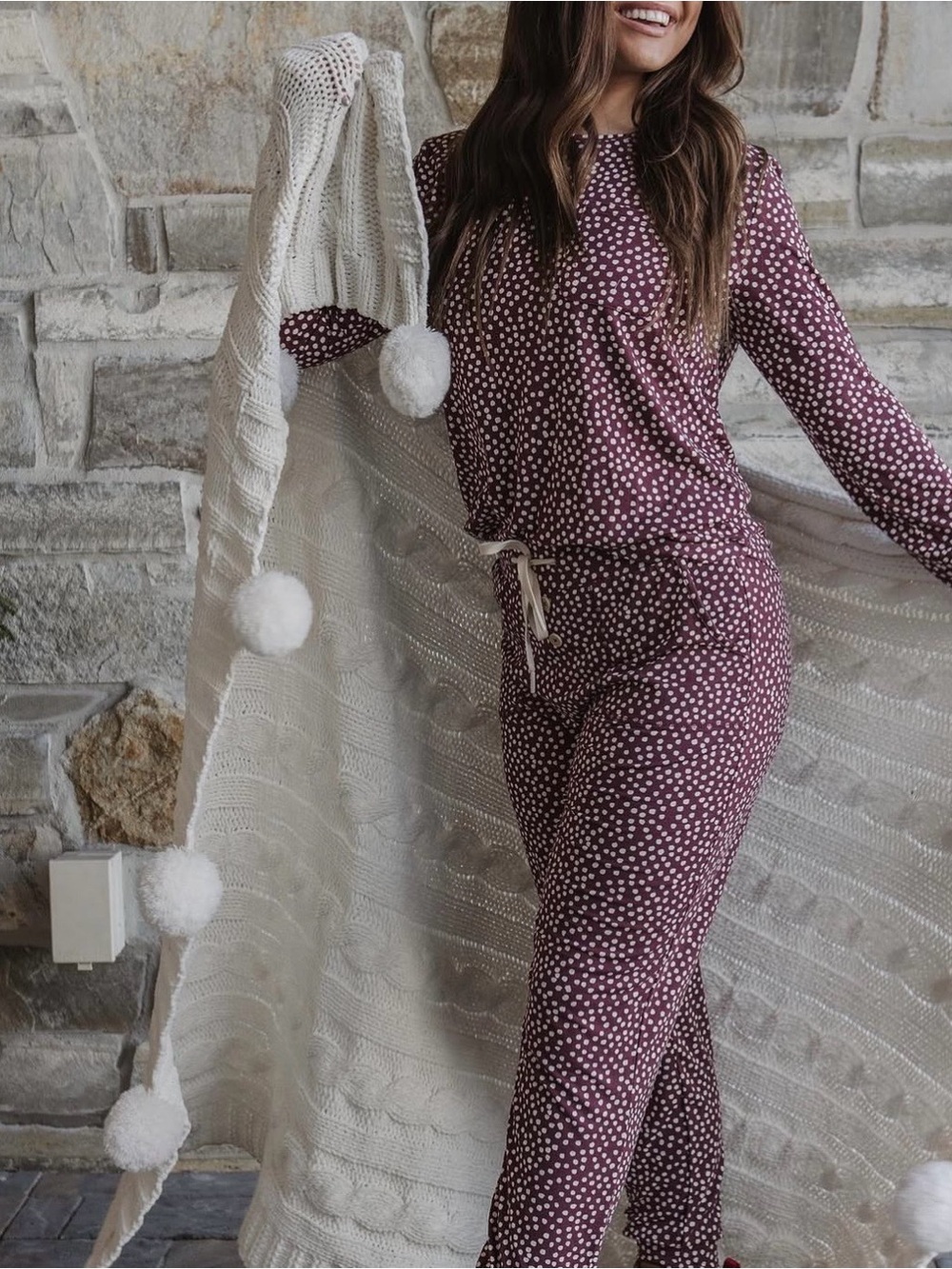 Lates by Kate Lounge PJ 2 Piece Set Pink White Dots Long Sleeve Comfy Flowy S